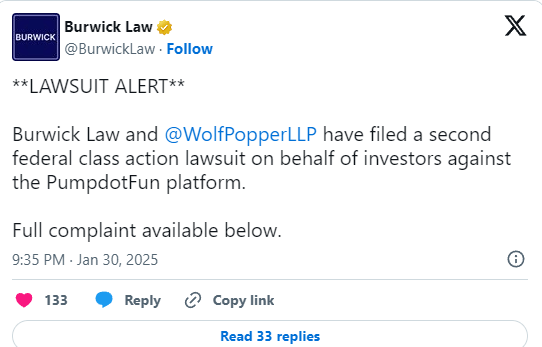 Burwick Law and Wolf Popper Pump Fun Lawsuit